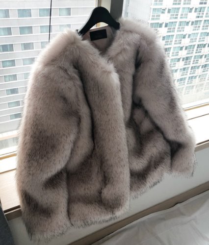 gray pink fur jacket